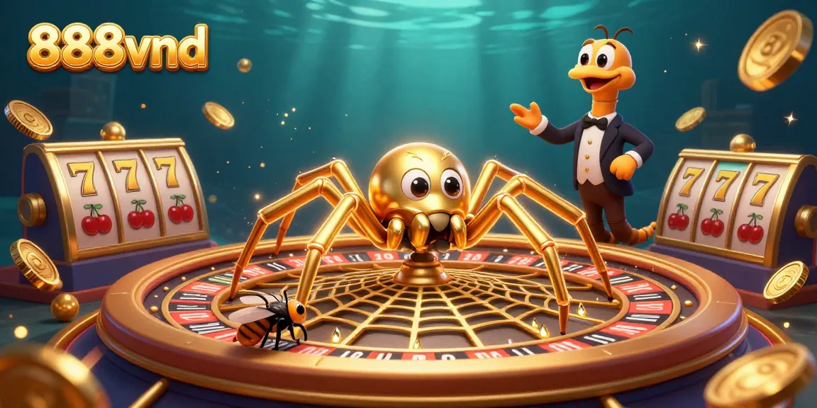 Place bets at the 888vnd roulette wheel with a golden spider and lively casino elements.