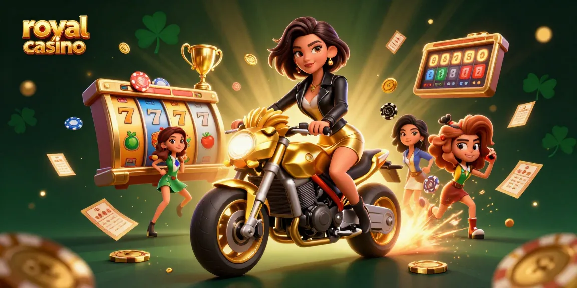 Experience excitement at royal casino with a glamorous woman riding a golden lion amidst vibrant slots.