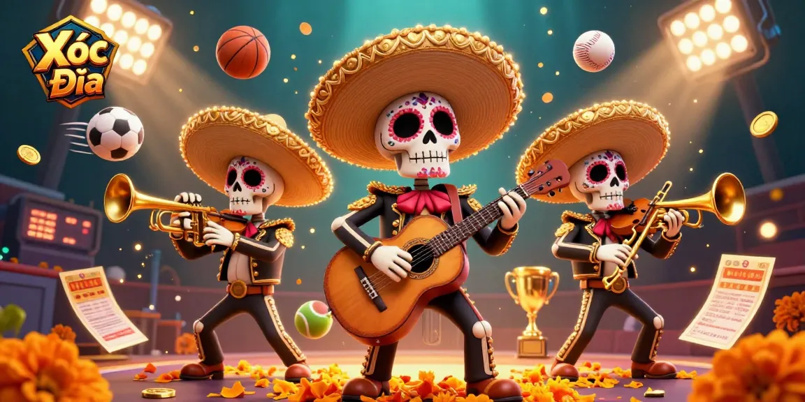Xóc Đĩa showcases an energetic mariachi band amidst vibrant sports elements, celebrating thrilling gambling action.