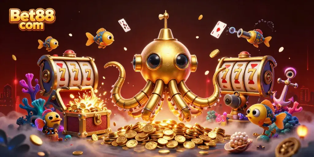 Join the excitement at Bet88 com with a dynamic casino scene full of gold coins and spinning slots.
