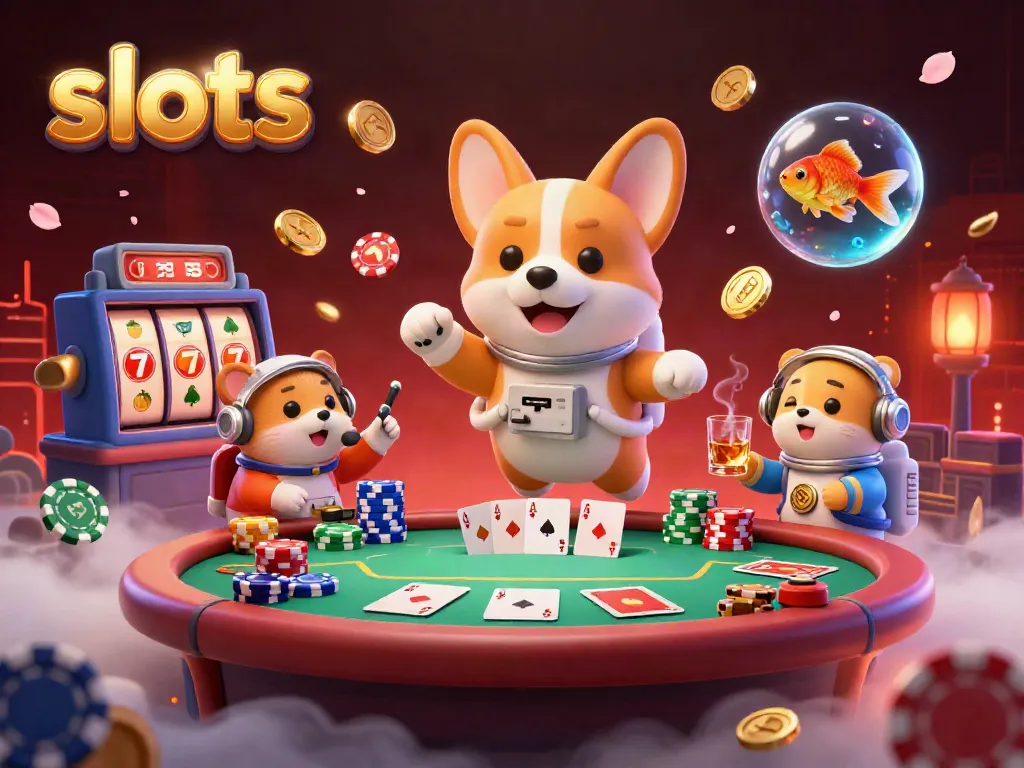 Experience slots excitement with a dog floating in a casino, surrounded by chips and jackpots