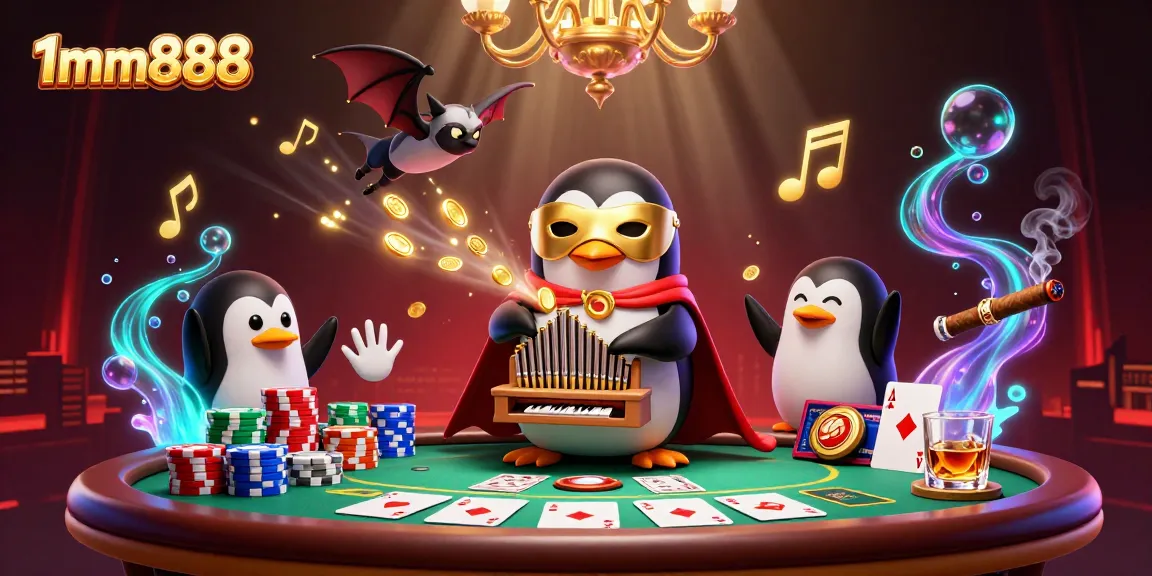 Experience exciting casino action with 1mm888 featuring a penguin, poker, and gold coins!
