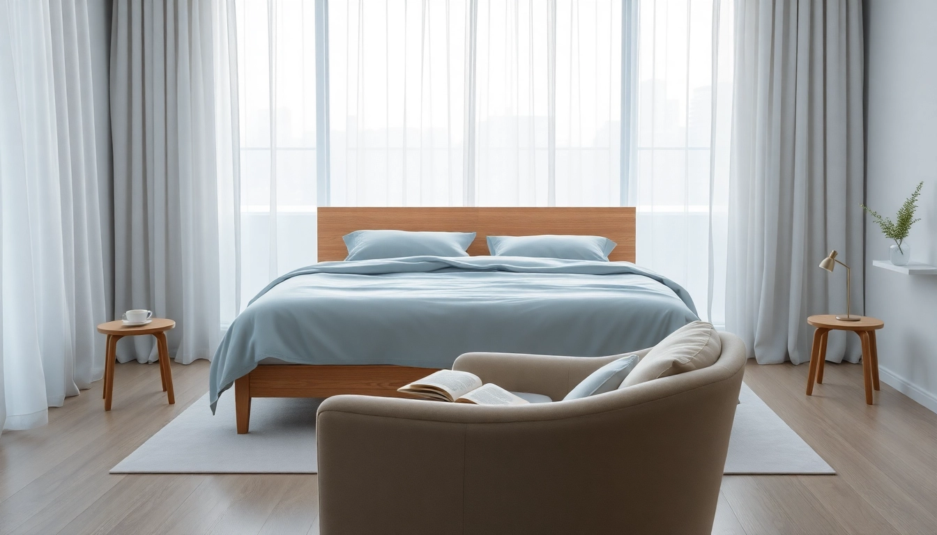 Experience relaxation on a luxurious queen size bed with serene bedding in a modern bedroom.