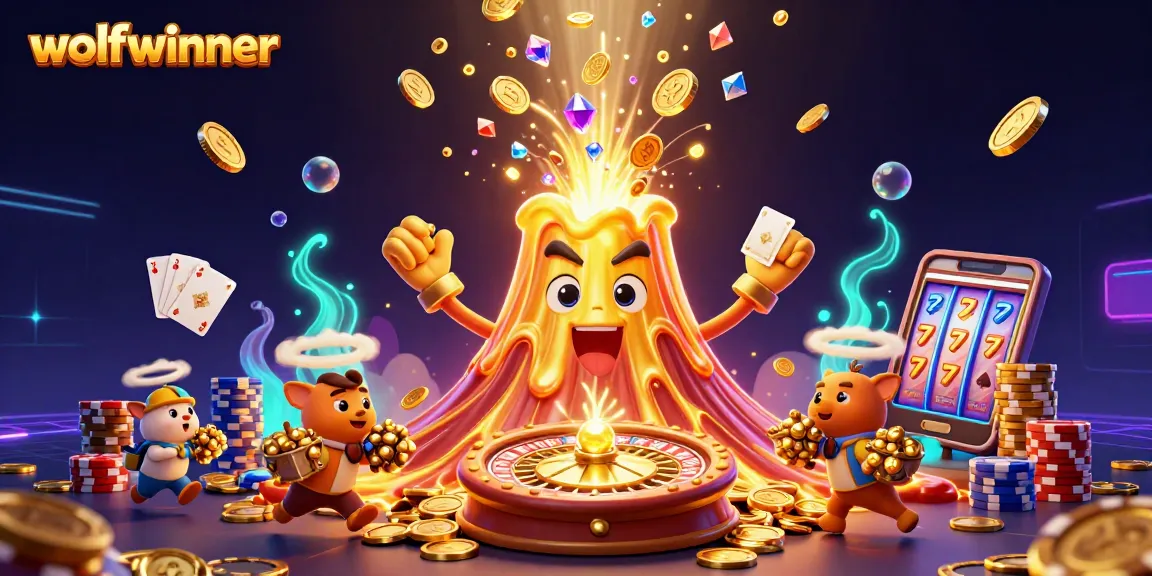 wolfwinner showcases a triumphant volcano erupting treasures, captivating online casino excitement.