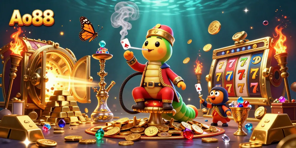 Ao88 offers thrilling poker experiences with a vibrant 3D gaming illustration showcasing excitement and treasure.
