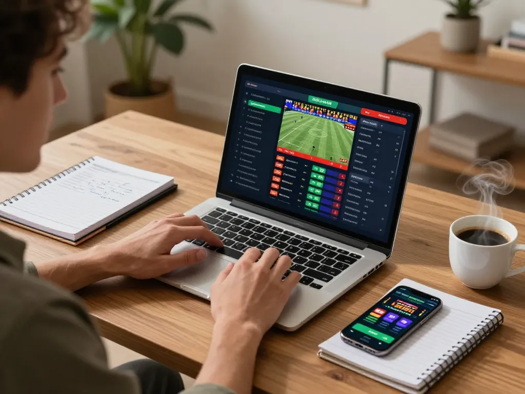 Player engaging in online sports betting with CM88, focused on laptop showing live odds and texts.