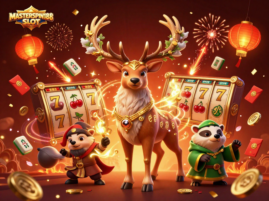 Engage with the enchanting MASTERSPIN188 SLOT in a vibrant 3D casino illustration filled with festive elements.