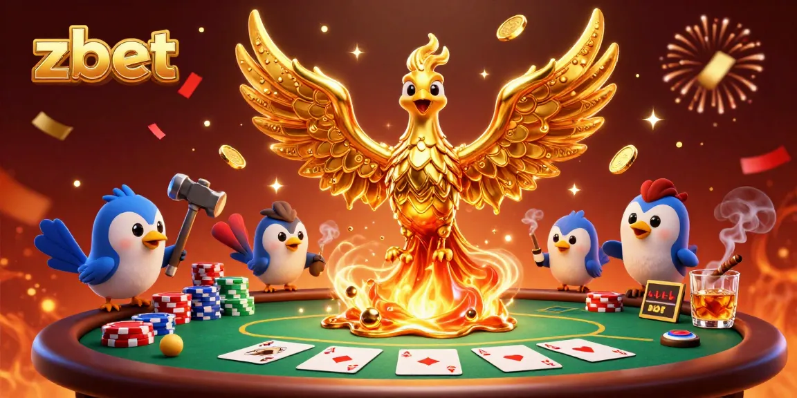 Experience zbet's golden phoenix soaring over a lively poker table, capturing the thrill of casino gaming.