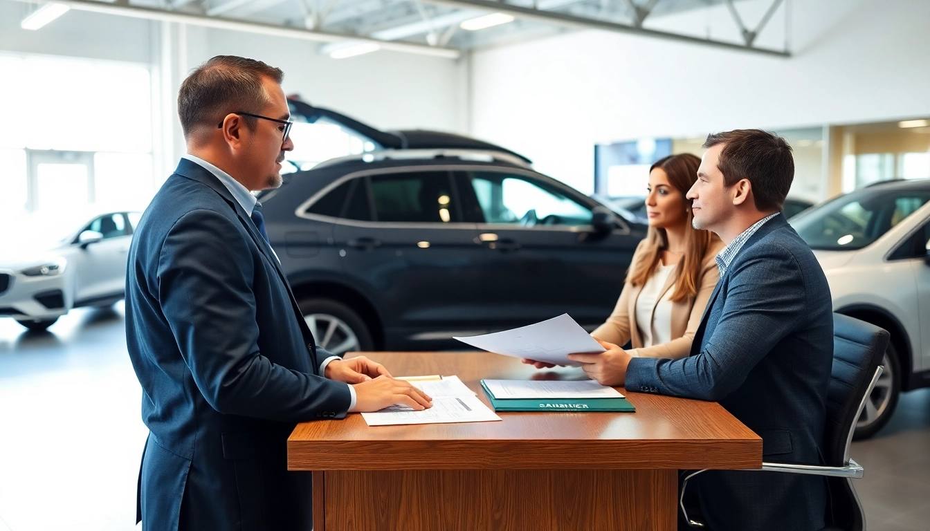 Vehicle service contract provider advising clients in a professional office setting.