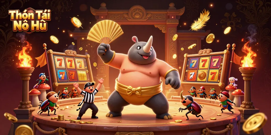 Thần Tài Nổ Hũ showcases a vibrant 3D casino scene with a beetle champion, slot reels, and betting tokens.