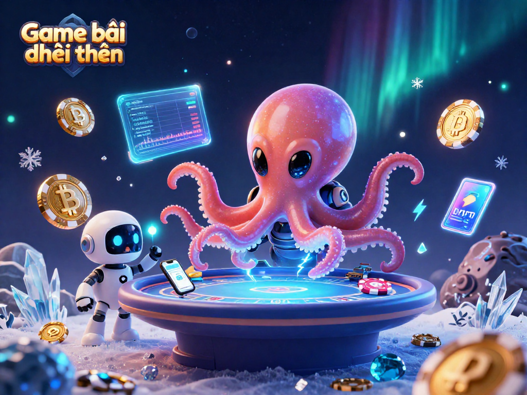 Engage in thrilling poker action with Game bài đổi thưởng, featuring alien octopus, crypto coins, and holographic displays.