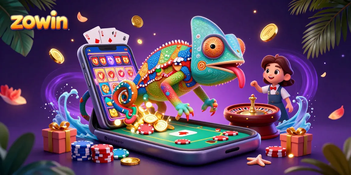 Engage with Zowin's colorful casino world featuring a vibrant chameleon owner and dynamic game elements.