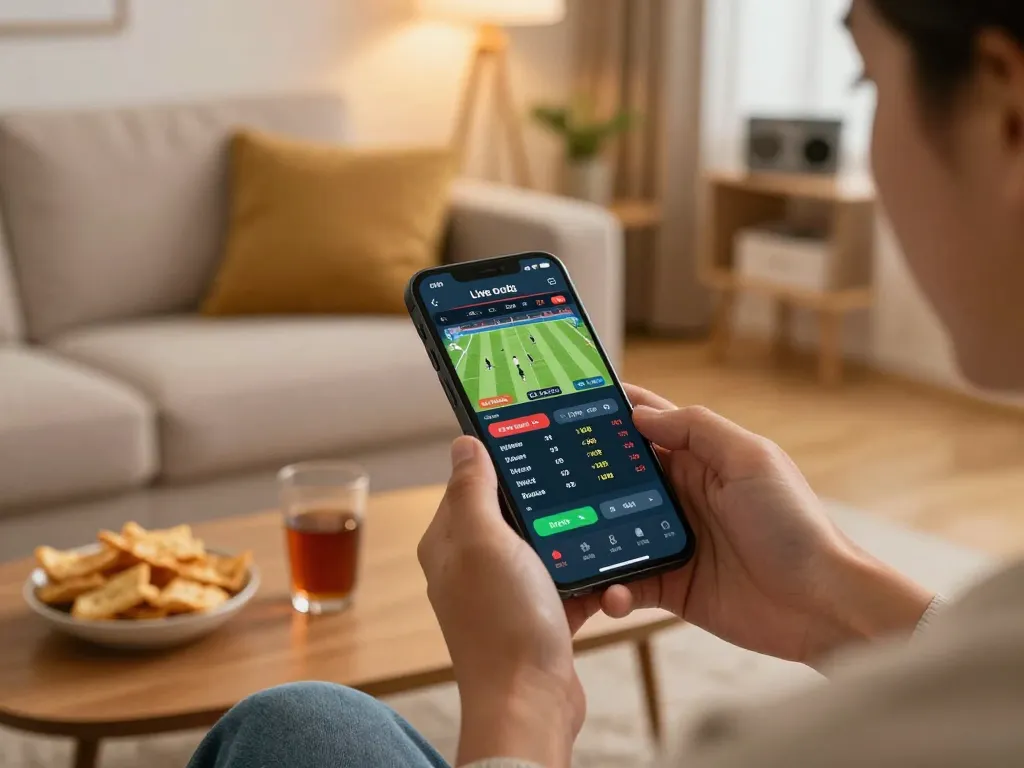 Engaging smartphone sports betting session showcasing FLY88 app with live odds in a cozy atmosphere.