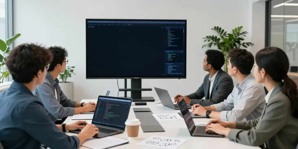 Professionals discussing Enterprise AI solutions in a modern office.
