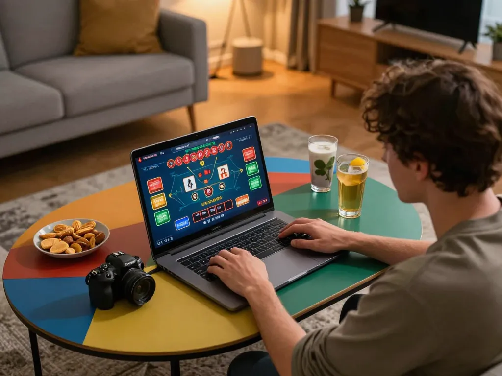 Player strategizing a winning hand in SC88 online baccarat from a cozy home setting