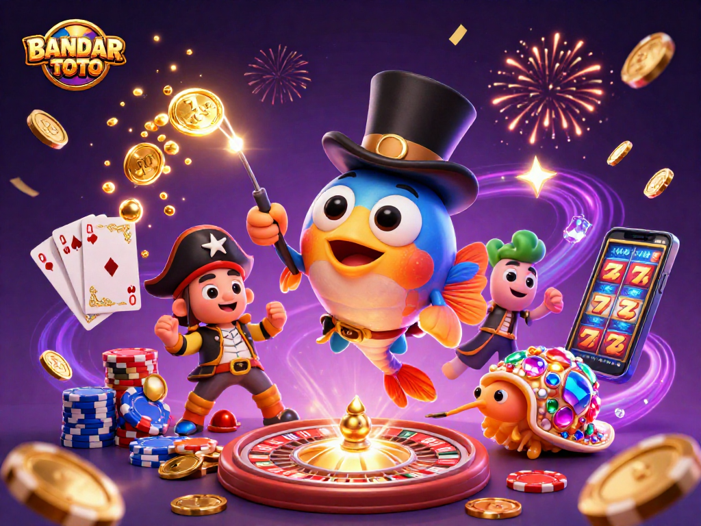 Engage with stunning BANDAR TOTO visuals featuring vibrant sea creatures amidst a festive casino backdrop.
