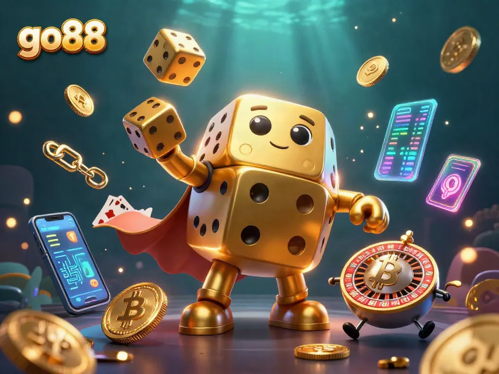 Win big with go 88's dynamic casino scene featuring golden dice and crypto elements.