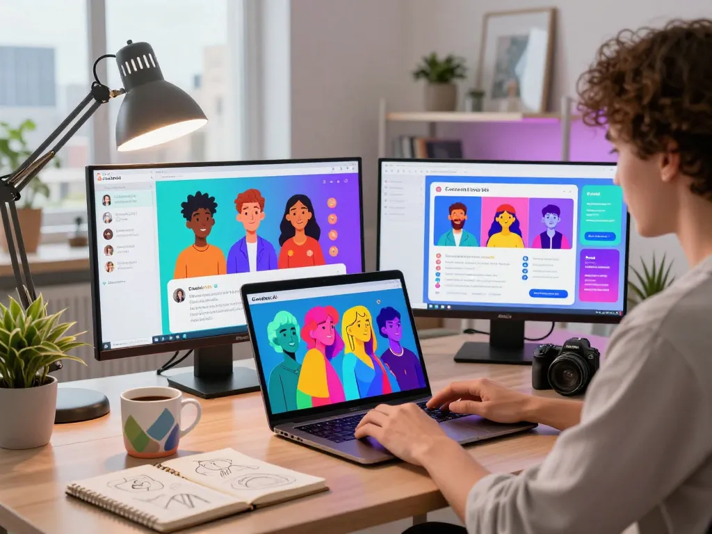 Engaging with Crushon AI characters in a modern creative workspace, showcasing vibrant interactions and technology.