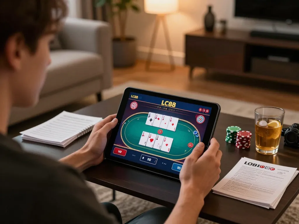 Engaged player strategizing in LC88 online poker game on tablet.