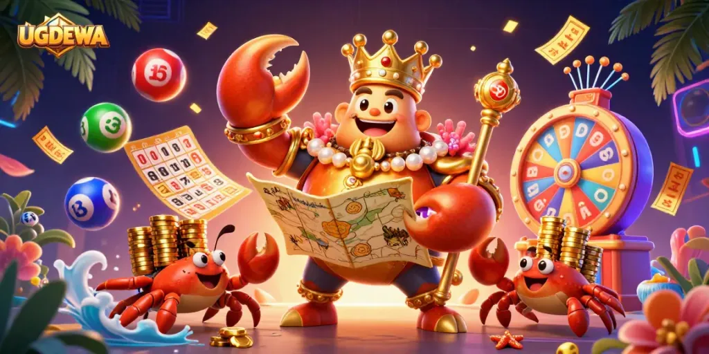 Engage in thrilling gameplay at UGDEWA with colorful lottery balls, golden chips, and exciting prize elements.