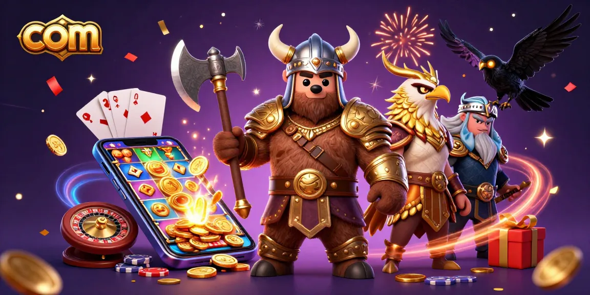Experience epic wins at com with a colorful slot game showcase featuring Viking characters.