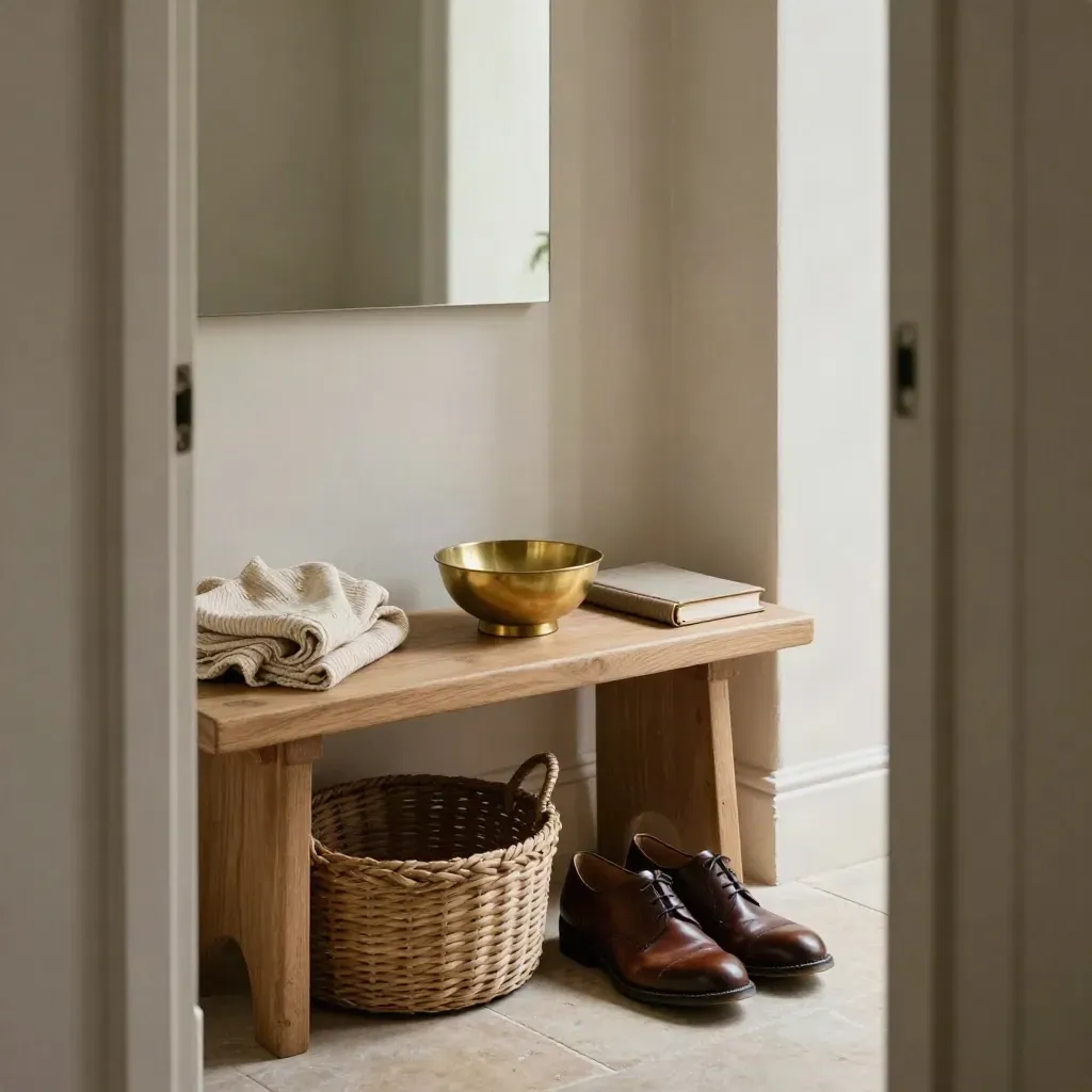 Entryway bench with throw, notebook, key bowl, shoes and basket in soft overcast light.