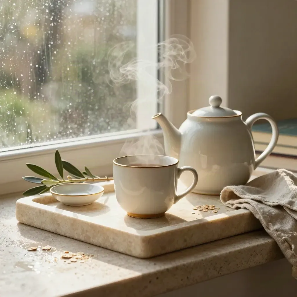 Rainy morning tea still life with steaming teapot, mug, linen, books, and olive leaves on stone.