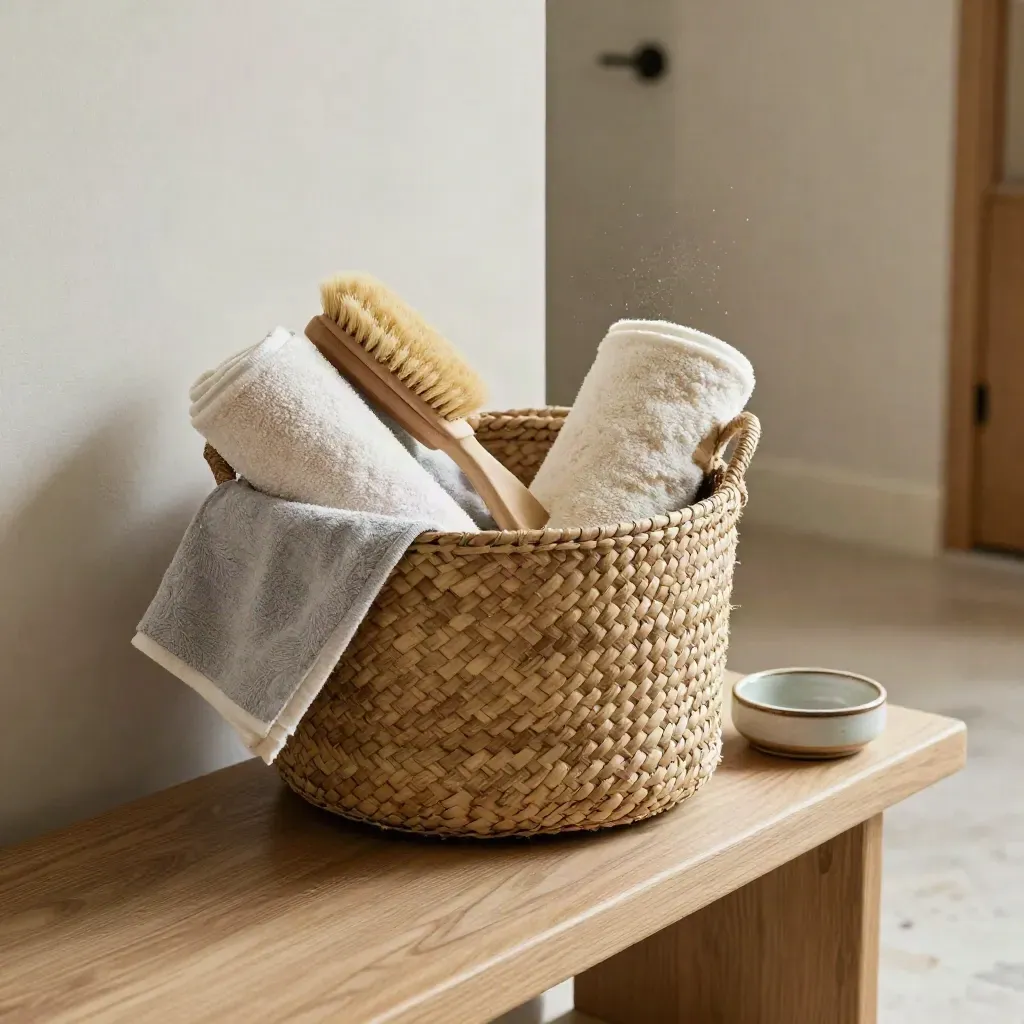 Woven basket of rolled towels, brush, and ceramic catchall beside a hallway bench.