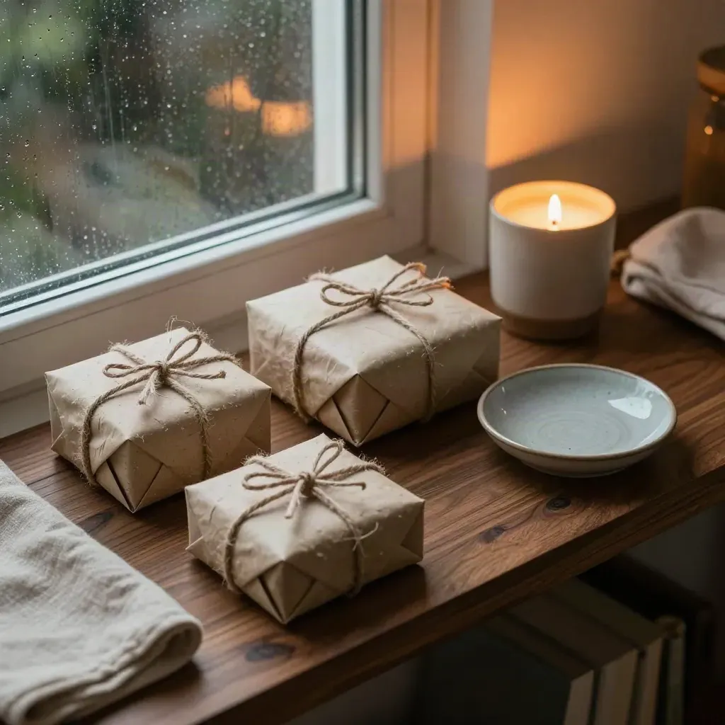 Wrapped gifts, candle, linen pouch and ceramic dish on a dark shelf by a rainy window.