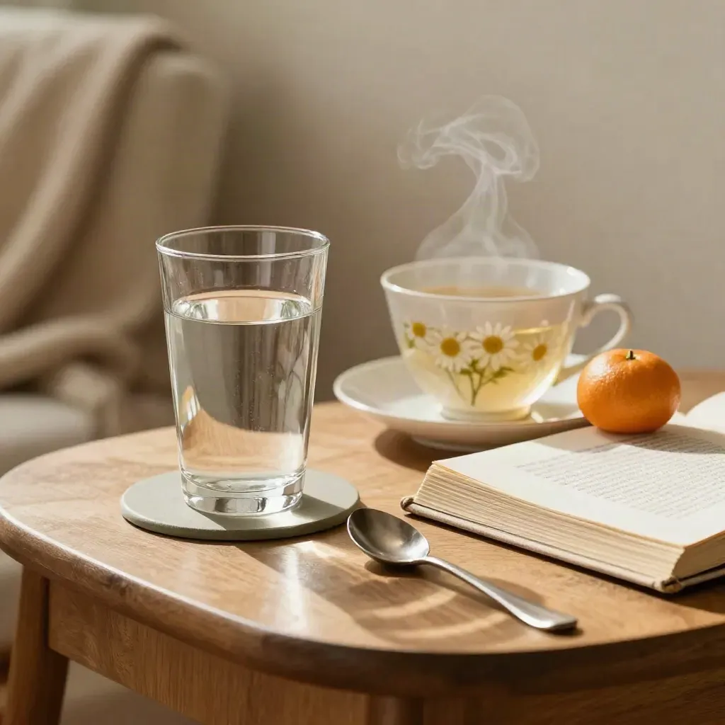 Water, chamomile tea, clementine, and a closed paperback on a warm side table.
