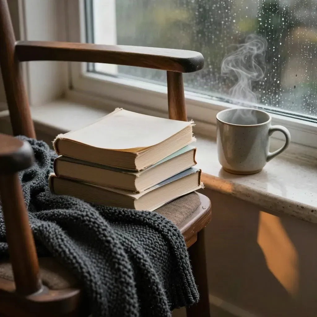 Three closed paperbacks, a knit throw, and a steaming mug beside a rain-streaked window.