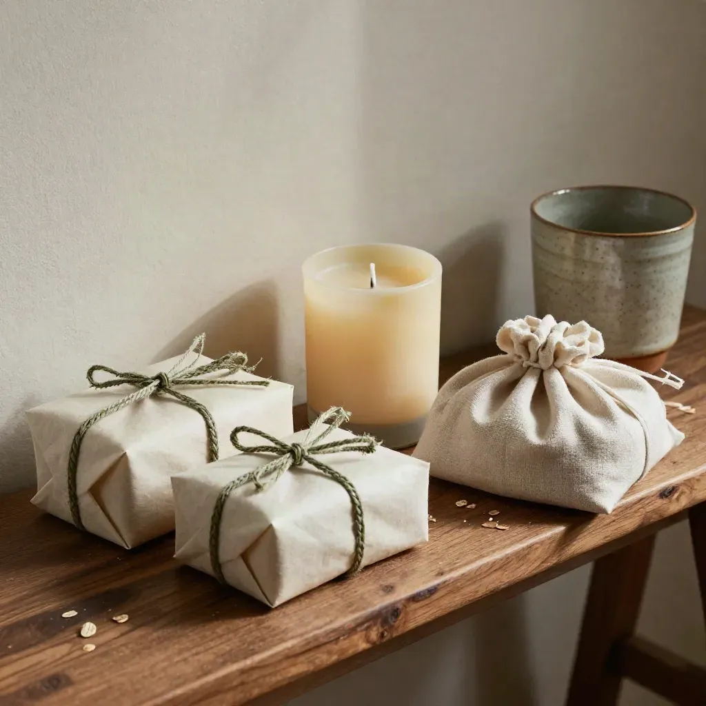 Wrapped gifts, beeswax candle, linen bundle, and ceramic tumbler on a bench in moody light.