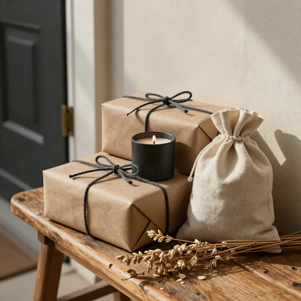 Wrapped gifts, candle, linen pouch, and dried stems beside a front door bench.