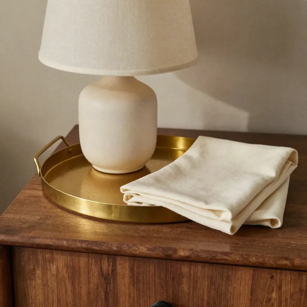 Top-down nightstand with brass tray, small lamp, and folded cream cloth