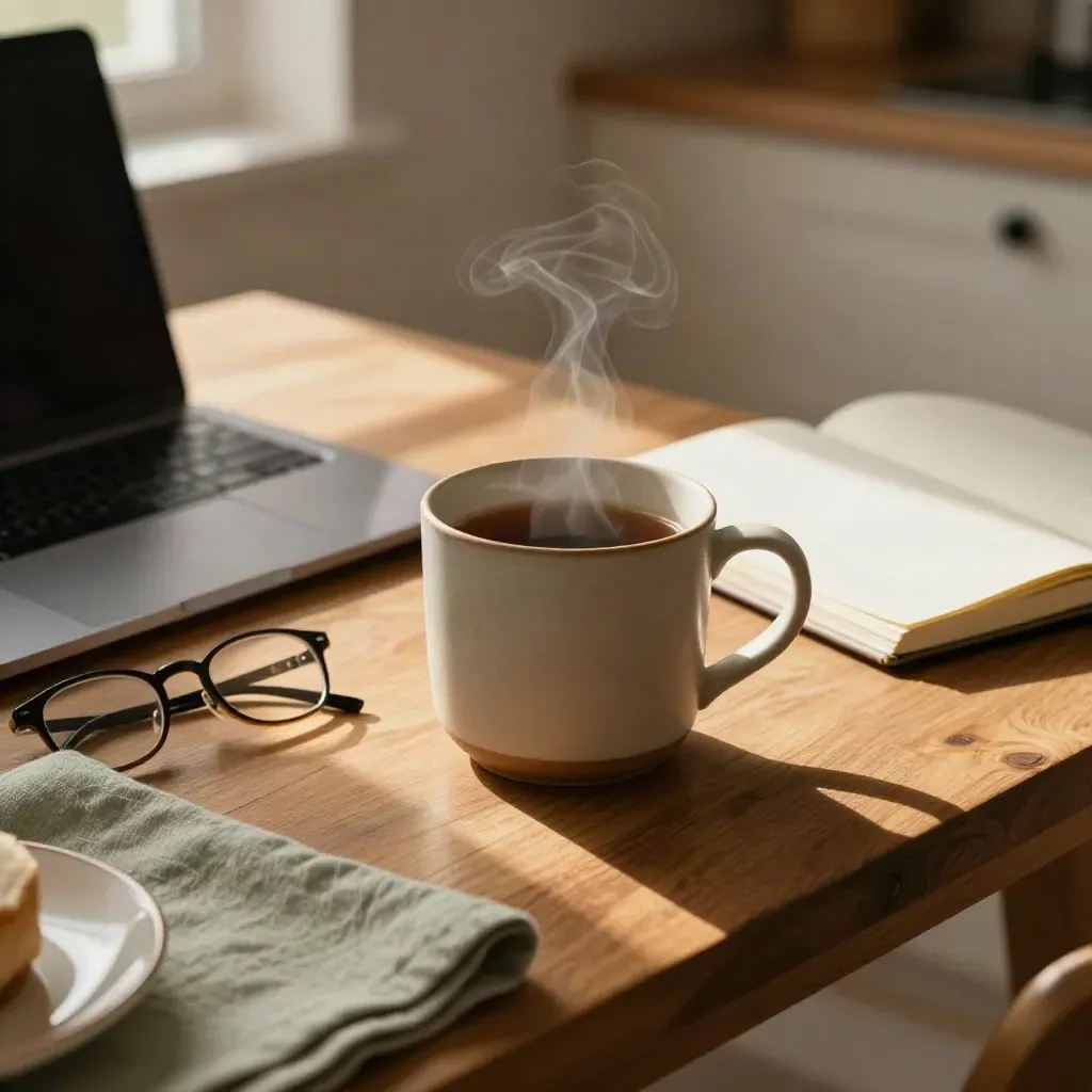 Tea, laptop, notebook and glasses on a sunlit kitchen table with steam rising softly.
