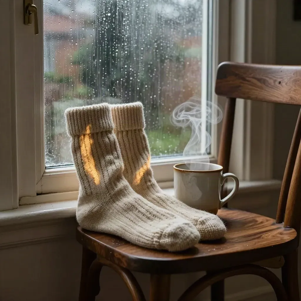 Rainy window, steaming mug, and wool socks draped on a chair in a cozy doorway view.