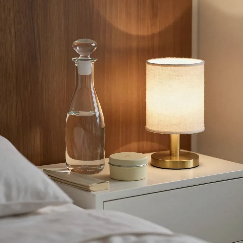 Bedside shelf with water carafe, hand cream, closed book, and a glowing lamp