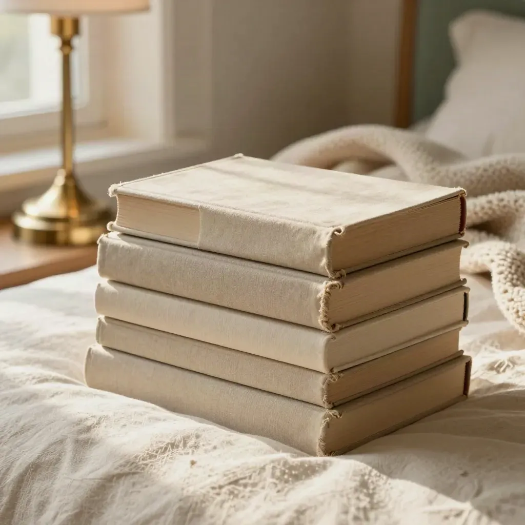 Five clothbound books stacked beside a warm lamp and rumpled blanket on a bedside edge.