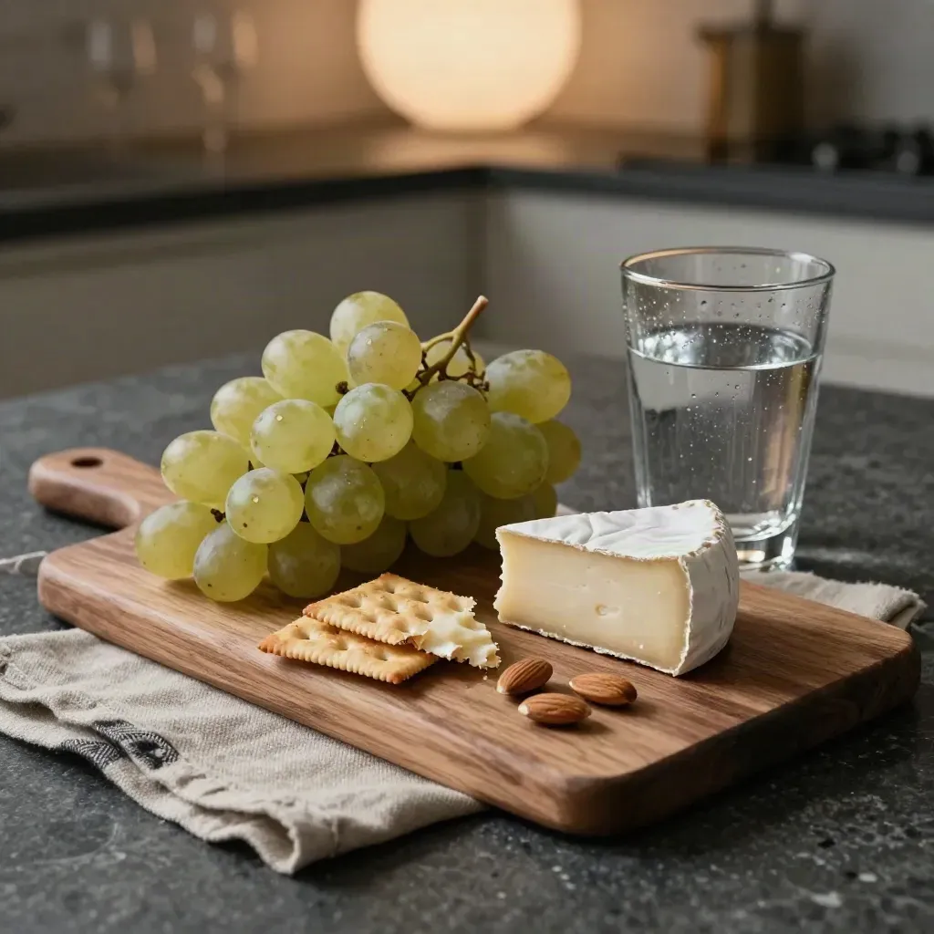 Snack board with grapes, crackers, cheese, almonds, and a water glass on a linen cloth