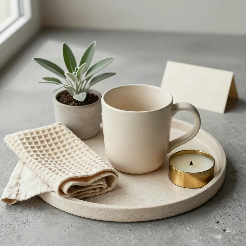 Top-down still life of mug, stone tray, linen, herb, and candle on concrete.
