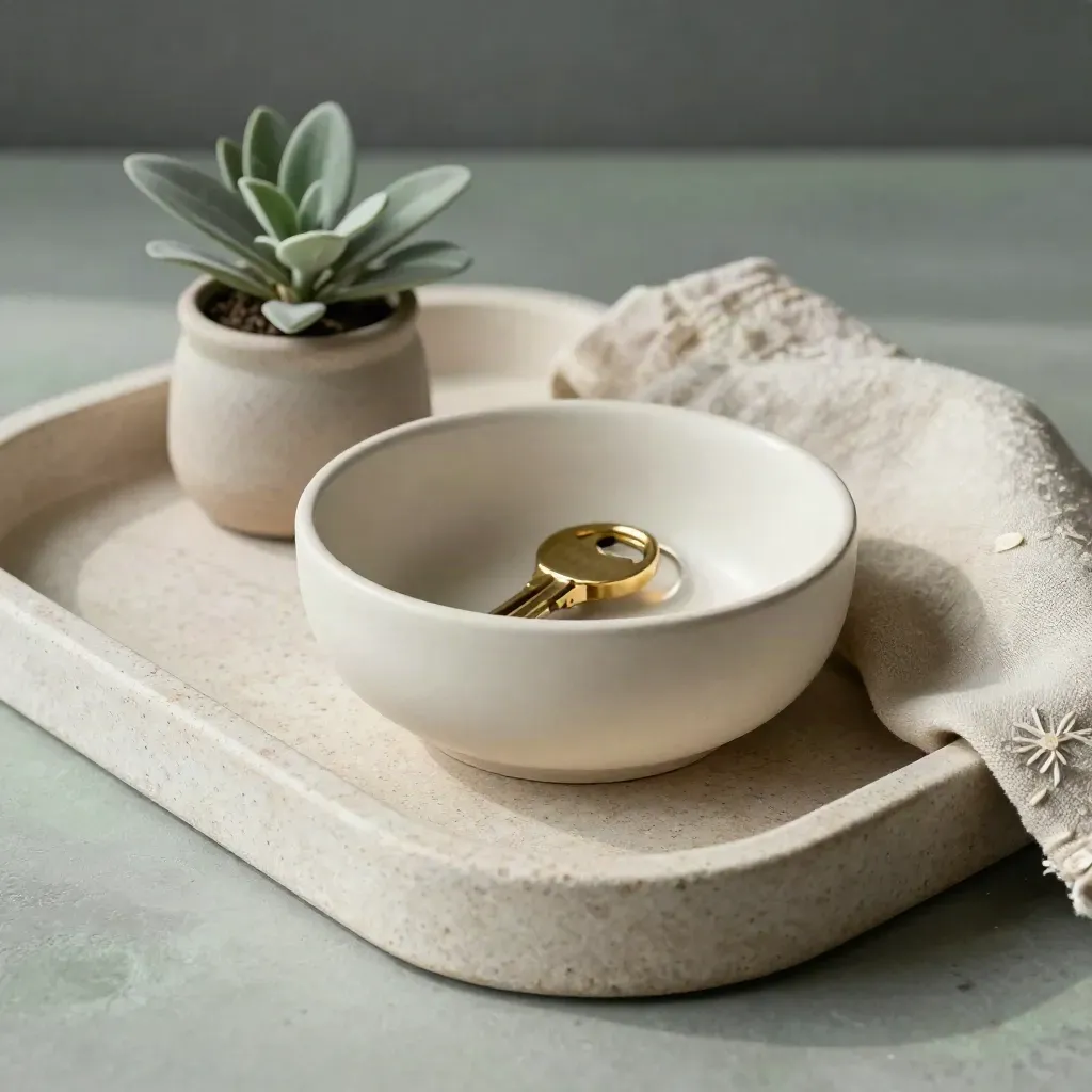 Ceramic catchall bowl with brass keys, small plant and folded linen on a stone tray.