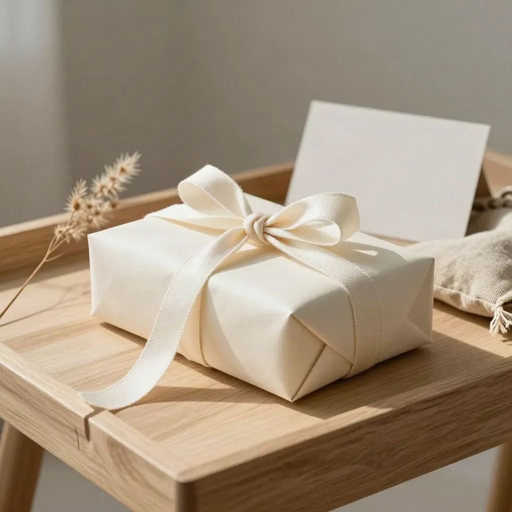 Wrapped gift box with ribbon, linen pouch, dried stem, and small plain box on pale wood.