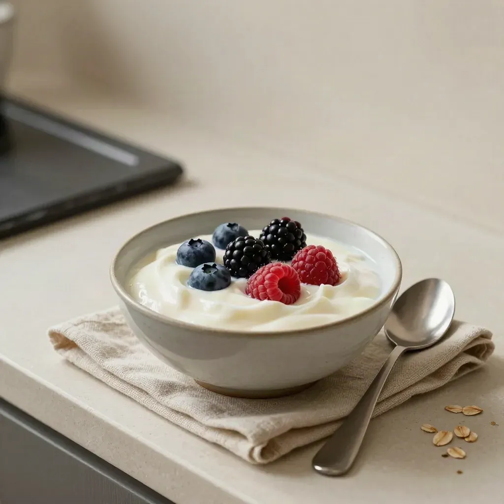 Yogurt bowl with berries, spoon, and linen napkin on a pale breakfast ledge
