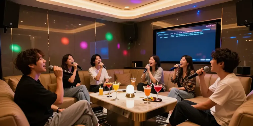 강남 세이렌에서 친구들과 노래를 부르는 고급스러운 프라이빗 룸의 분위기