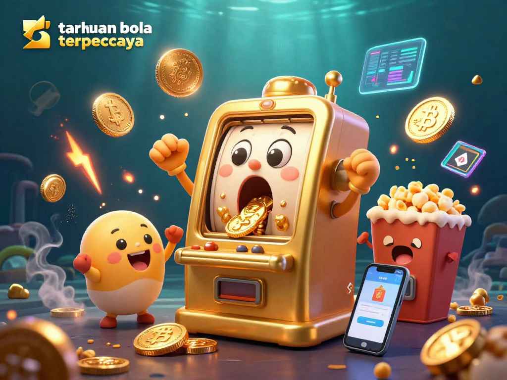 Experience taruhan bola terpercaya with a jubilant golden slot machine winning coins, surrounded by cheering baby slots and crypto elements.