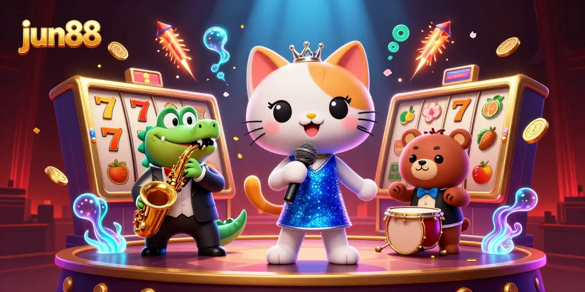 Experience the vibrant excitement of jun88 with a jazzy cat, a crocodile, and a bear in a lively casino scene.