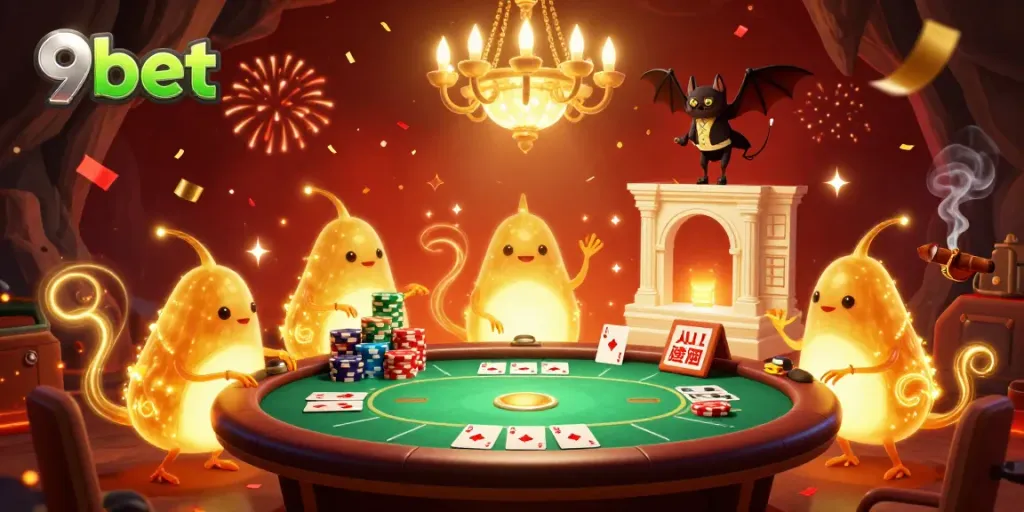 Engage in the lively 9bet casino experience illuminated by glowing cartoon glowworms.