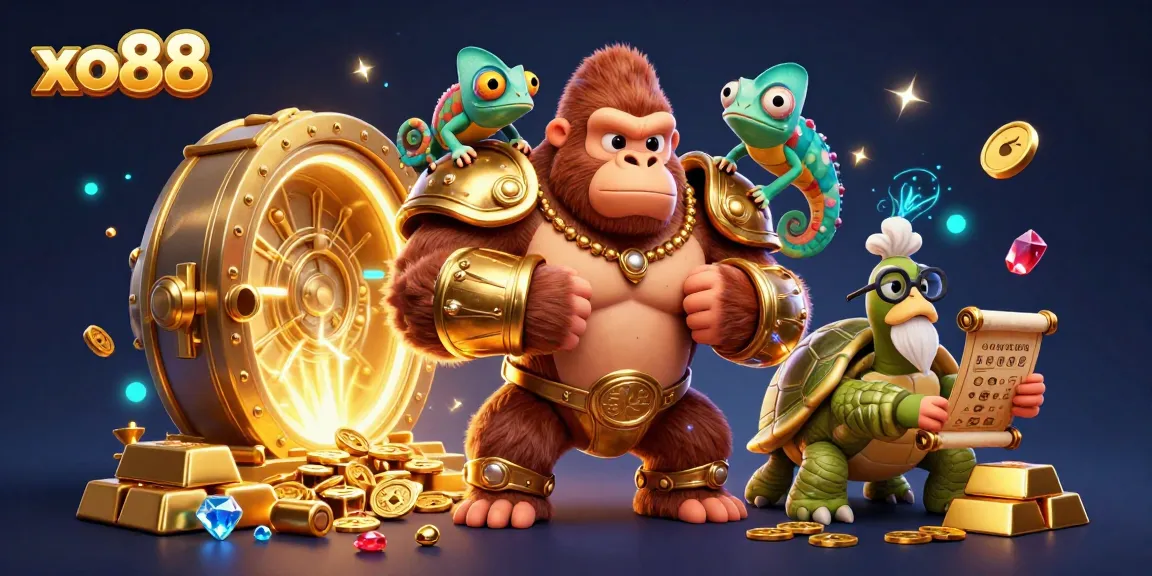 Experience excitement with the 3D cartoon characters of xo88 surrounded by casino treasures.