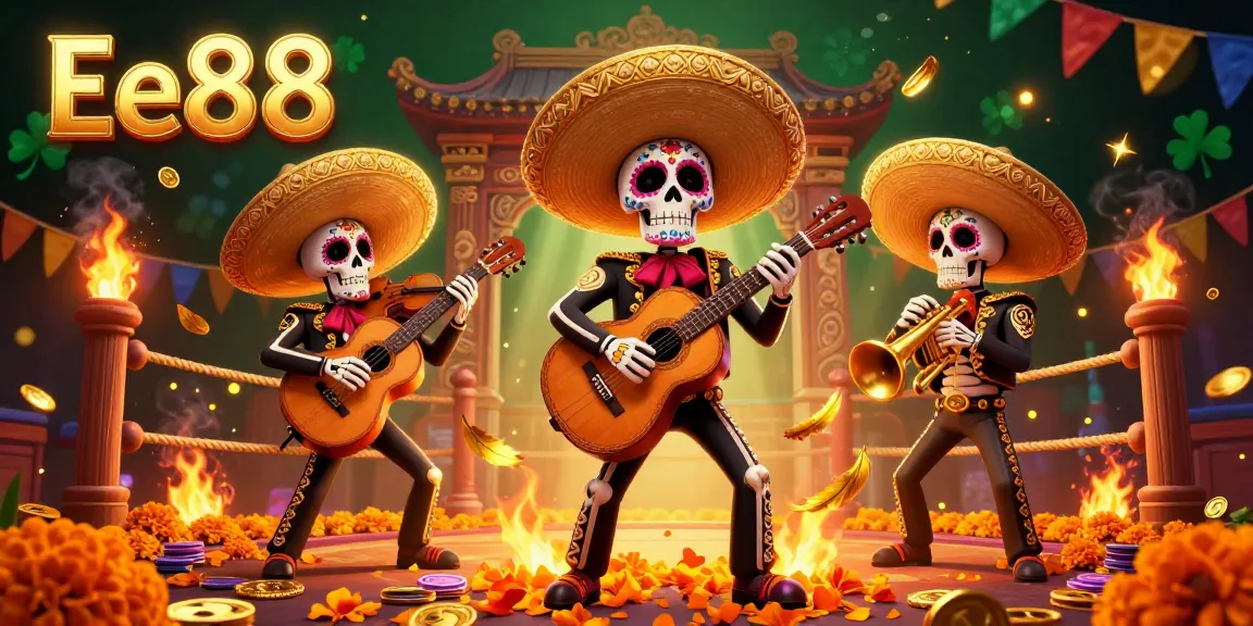 Experience the thrill of gambling at Ee88 with lively mariachi characters surrounded by festive casino elements.