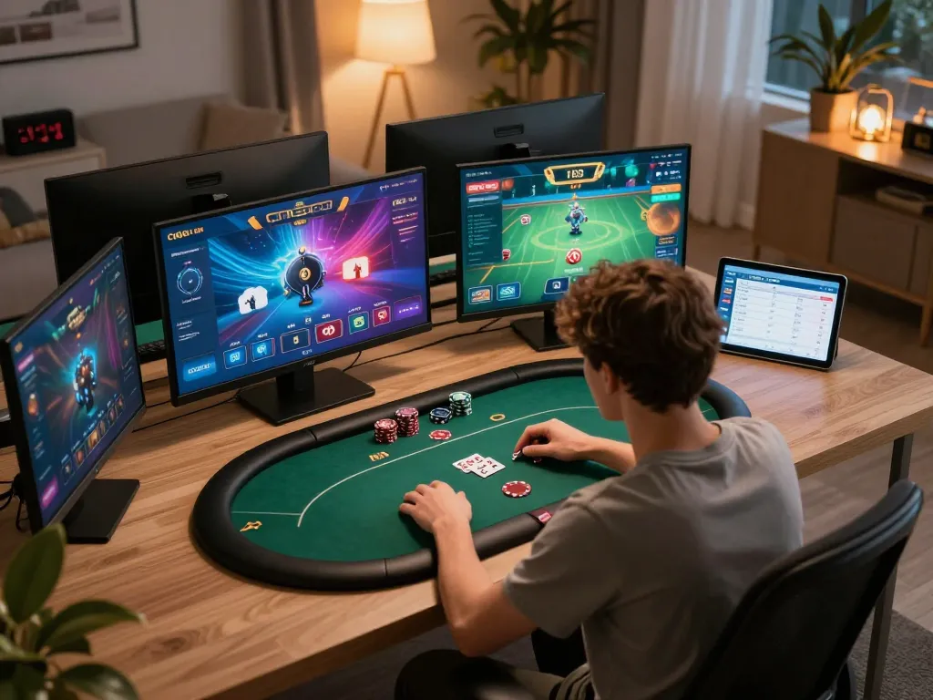 Engaging gameplay on CM88 COM poker app in modern home setup, showcasing strategic online gambling
